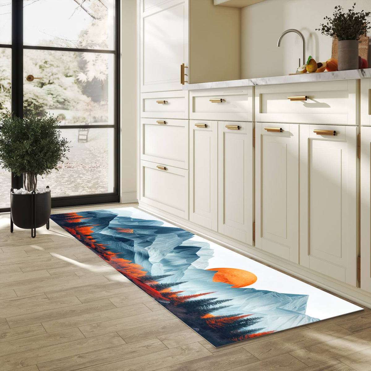UV-beständiger Küchenteppich mit Motiv Berge Mit Spiegelung in heller Küche