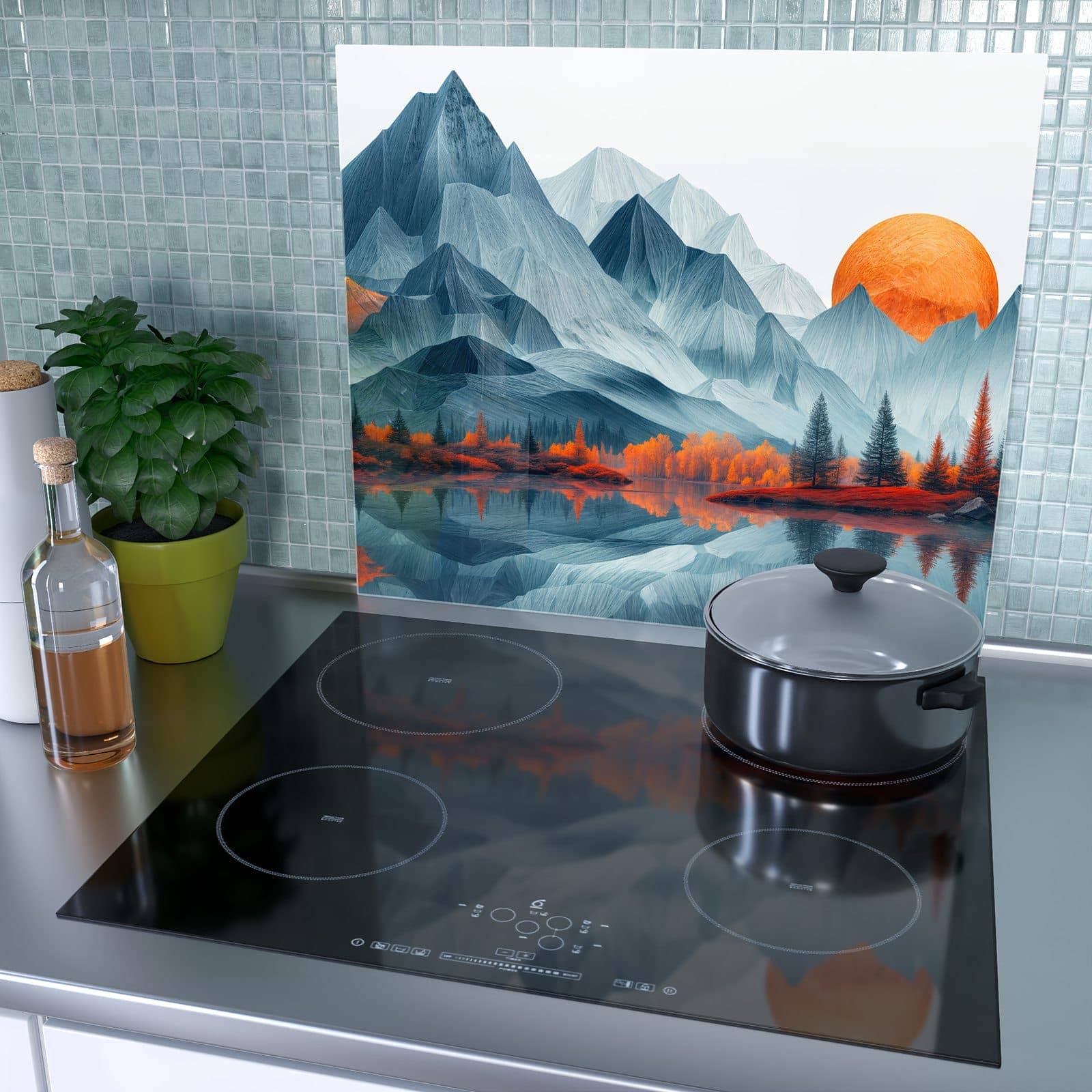1-teilige Herdabdeckplatten für Ceranfeld mit Berge Mit Spiegelung-Motiv als Spritzschutz hinter dem Kochfeld
