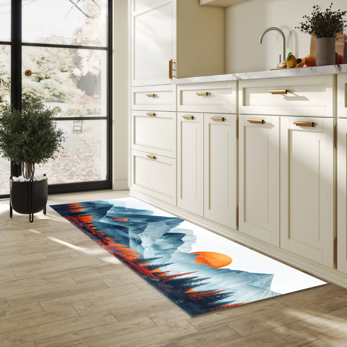 Abriebfester großer Küchenteppich mit Motiv Berge Mit Spiegelung in heller Küche