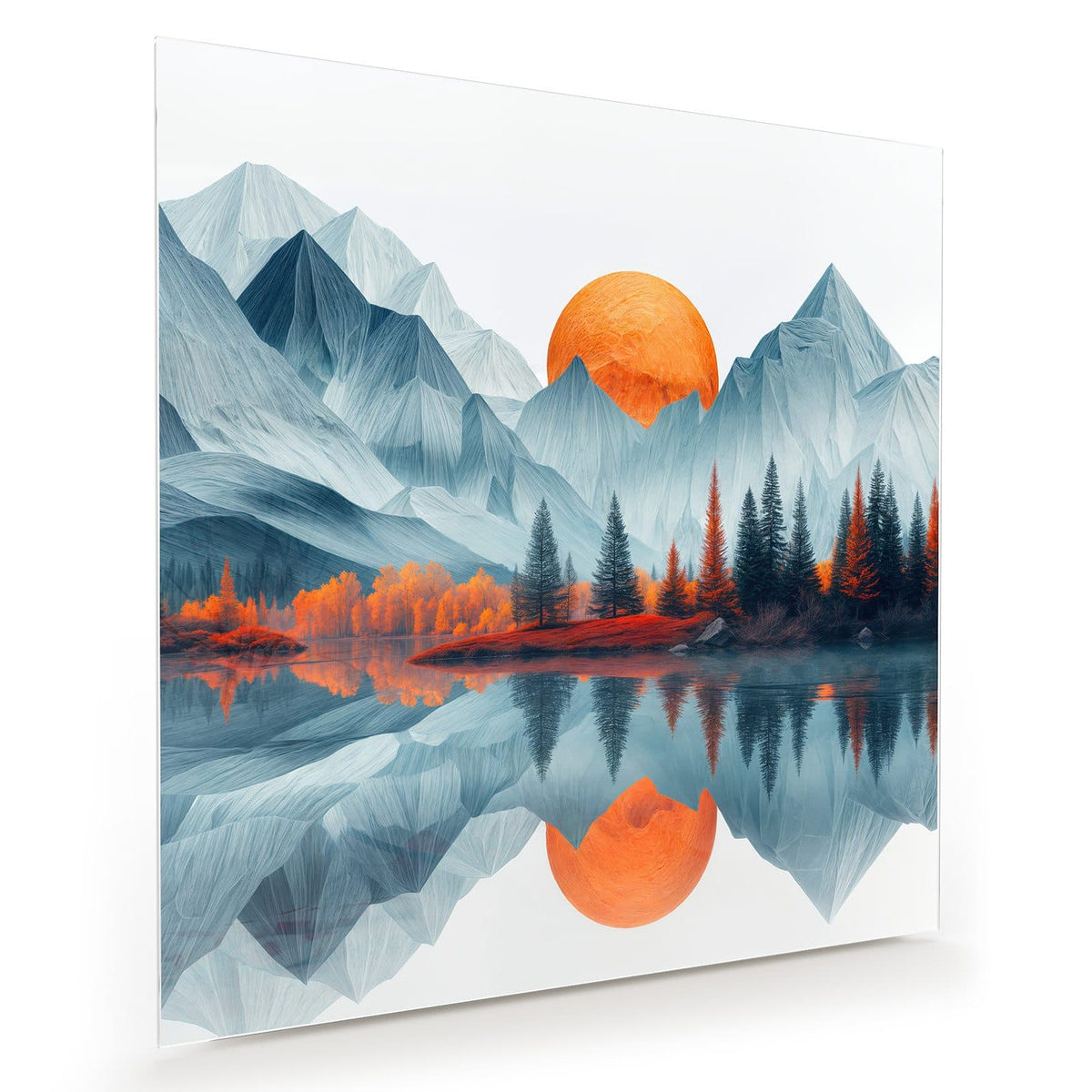 Stilisierte blaue Berge, orange Sonne und Herbstbäume, im See gespiegelt