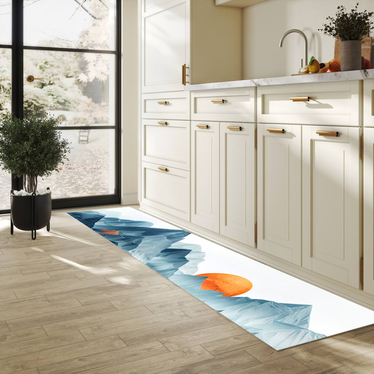Küchenteppich mit Motiv Berge Mit Spiegelung in heller Küche für sicheres Aufbewahren
