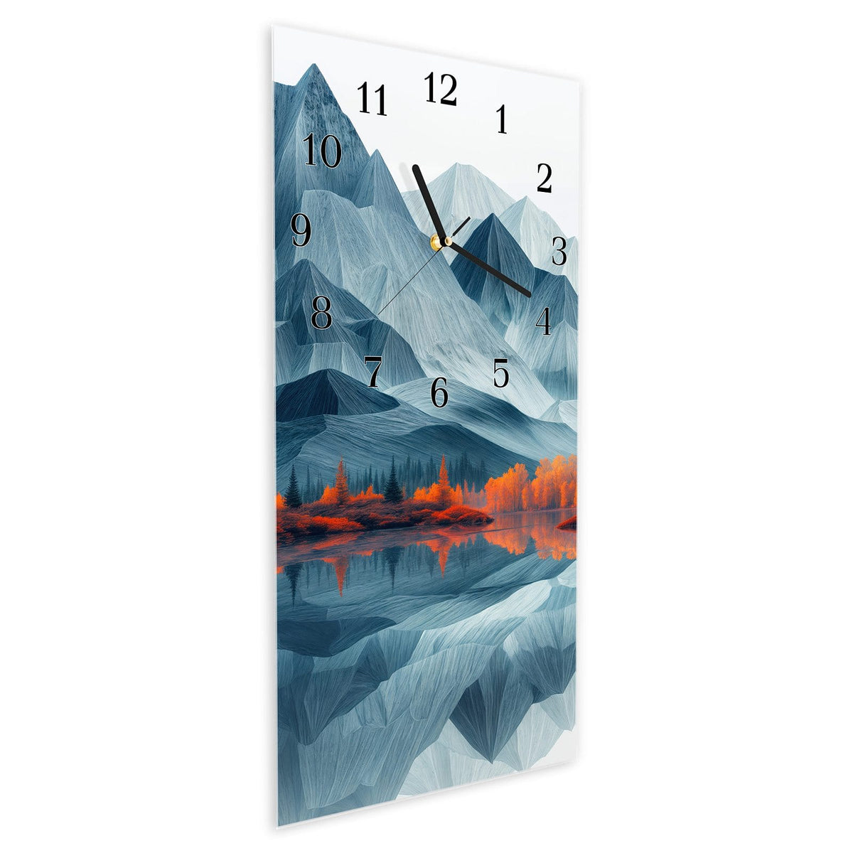 Vormontiert – mit Schwebeeffekt – Wanduhr Berge Mit Spiegelung aus Glas – Hochformat 30 × 60 cm