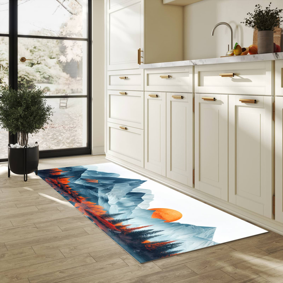 Fleckenresistenter Küchenläufer mit Motiv Berge Mit Spiegelung in heller Küche