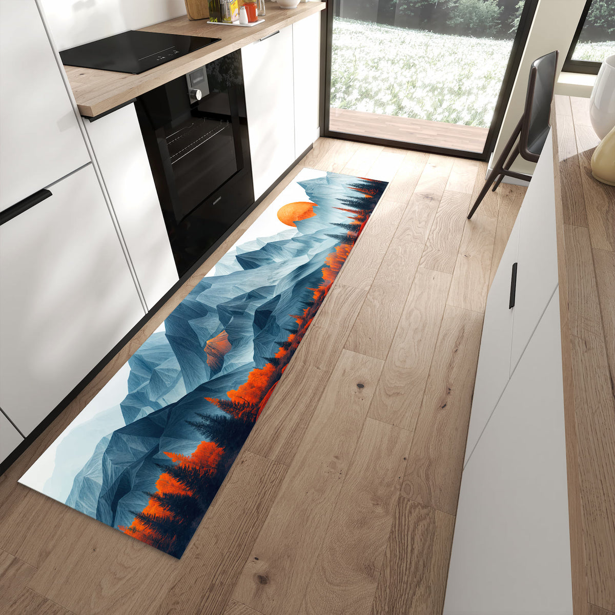 Wasserabweisender Teppich für Küche mit Motiv Berge Mit Spiegelung in moderner Küche
