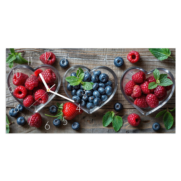 Wanduhr Herzschalen Beeren aus Glas – Querformat 60 × 30 cm mit Ziffernblatt Elegant