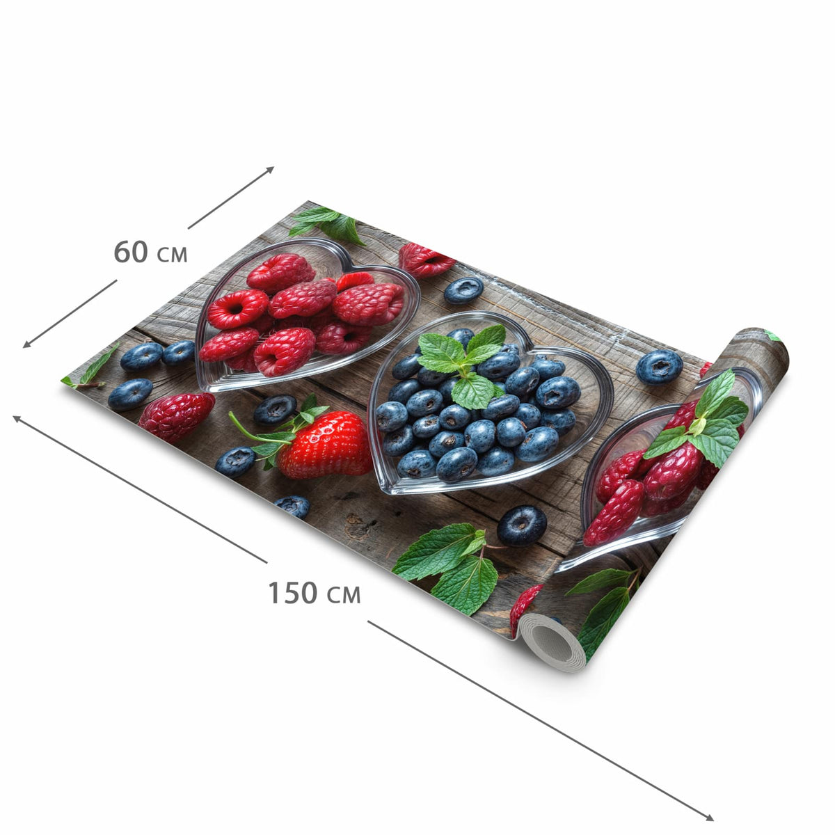 Farbbeständiger waschbarer Küchenteppich mit Motiv Herzschalen Beeren in der Grösse 80x300 cm