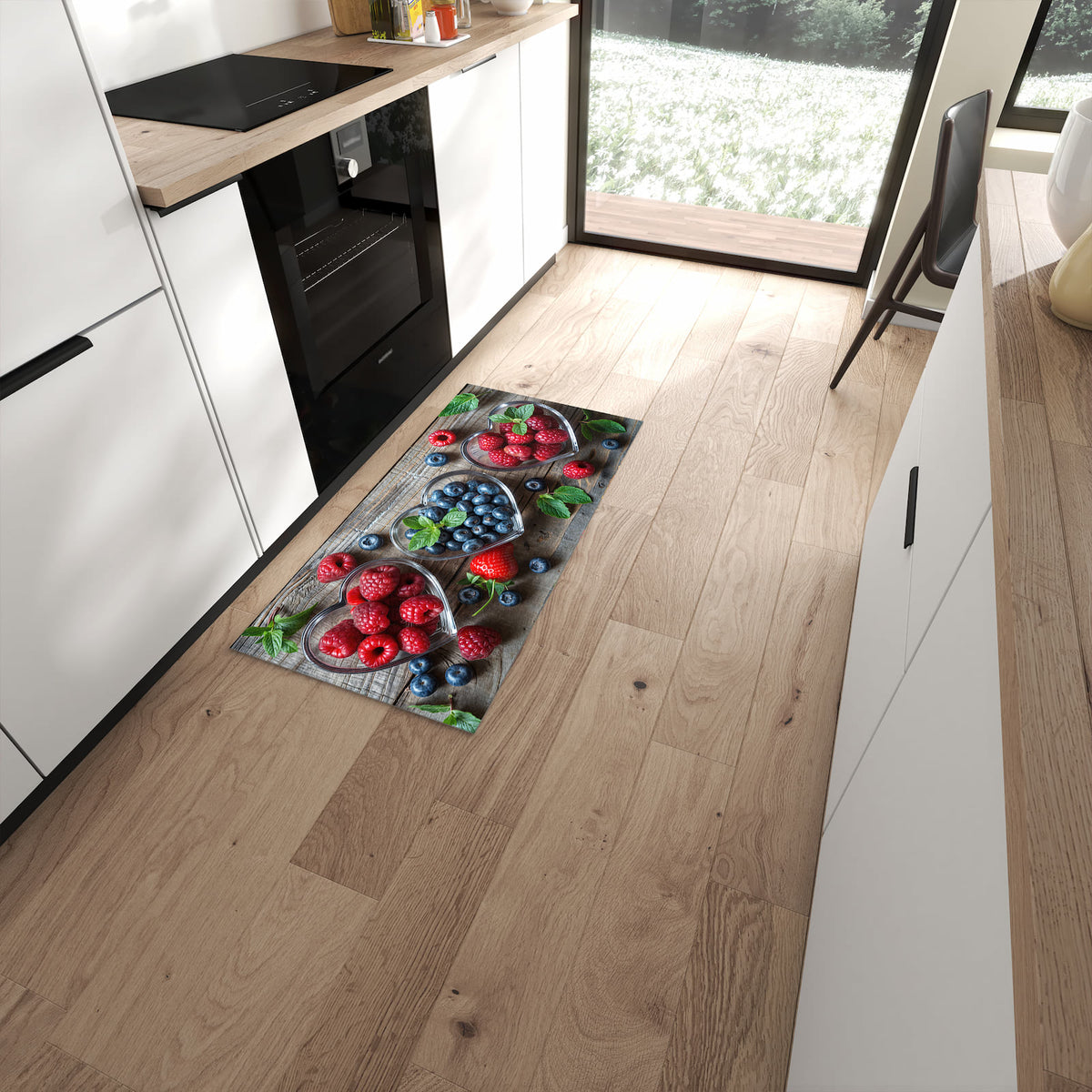 Strapazierfähiger Küchenläufer mit Motiv Herzschalen Beeren in moderner Küche #grösse_60 x 120 cm