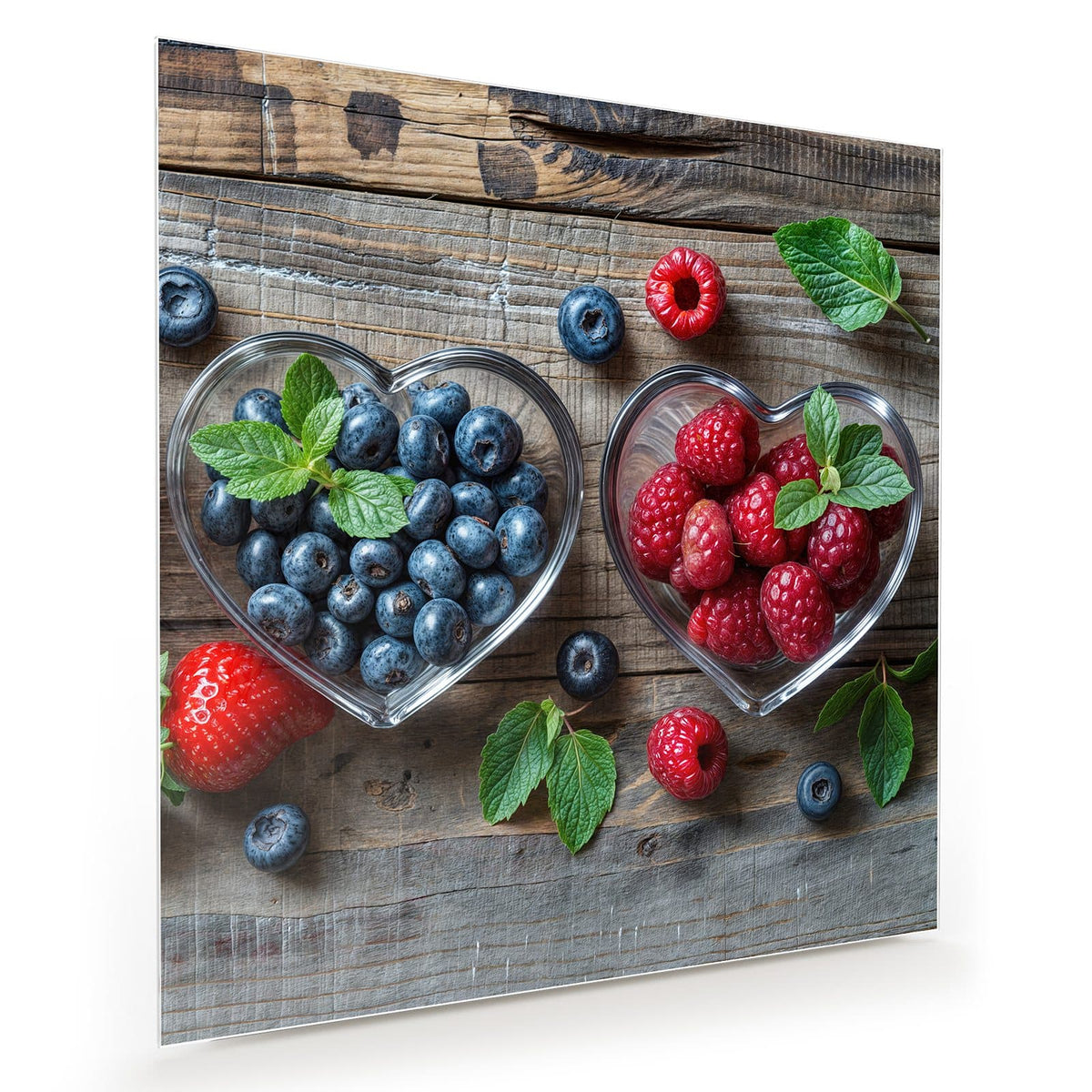 Zwei herzförmige Glasschalen auf Holz, eine mit Blaubeeren, eine mit Himbeeren, dazu Minzblätter.