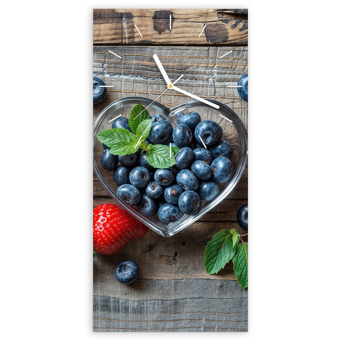 Wanduhr Herzschalen Beeren aus Glas – Hochformat 30 × 60 cm mit Ziffernblatt Linie