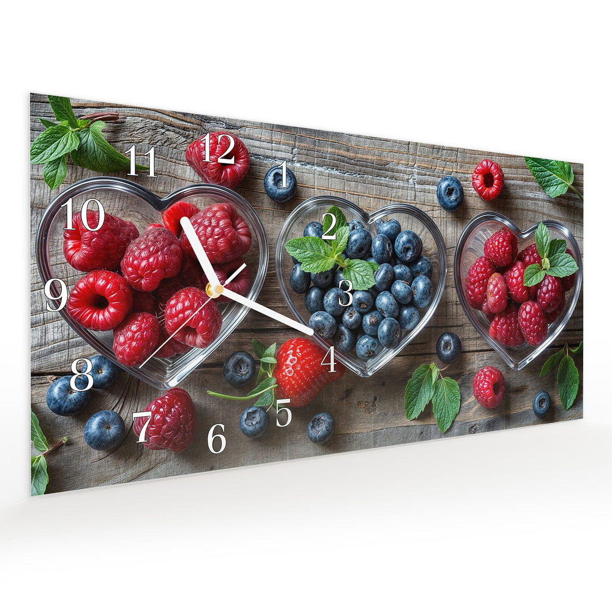 Vormontiert – mit Schwebeeffekt – Wanduhr Herzschalen Beeren aus Glas – Querformat 60 × 30 cm