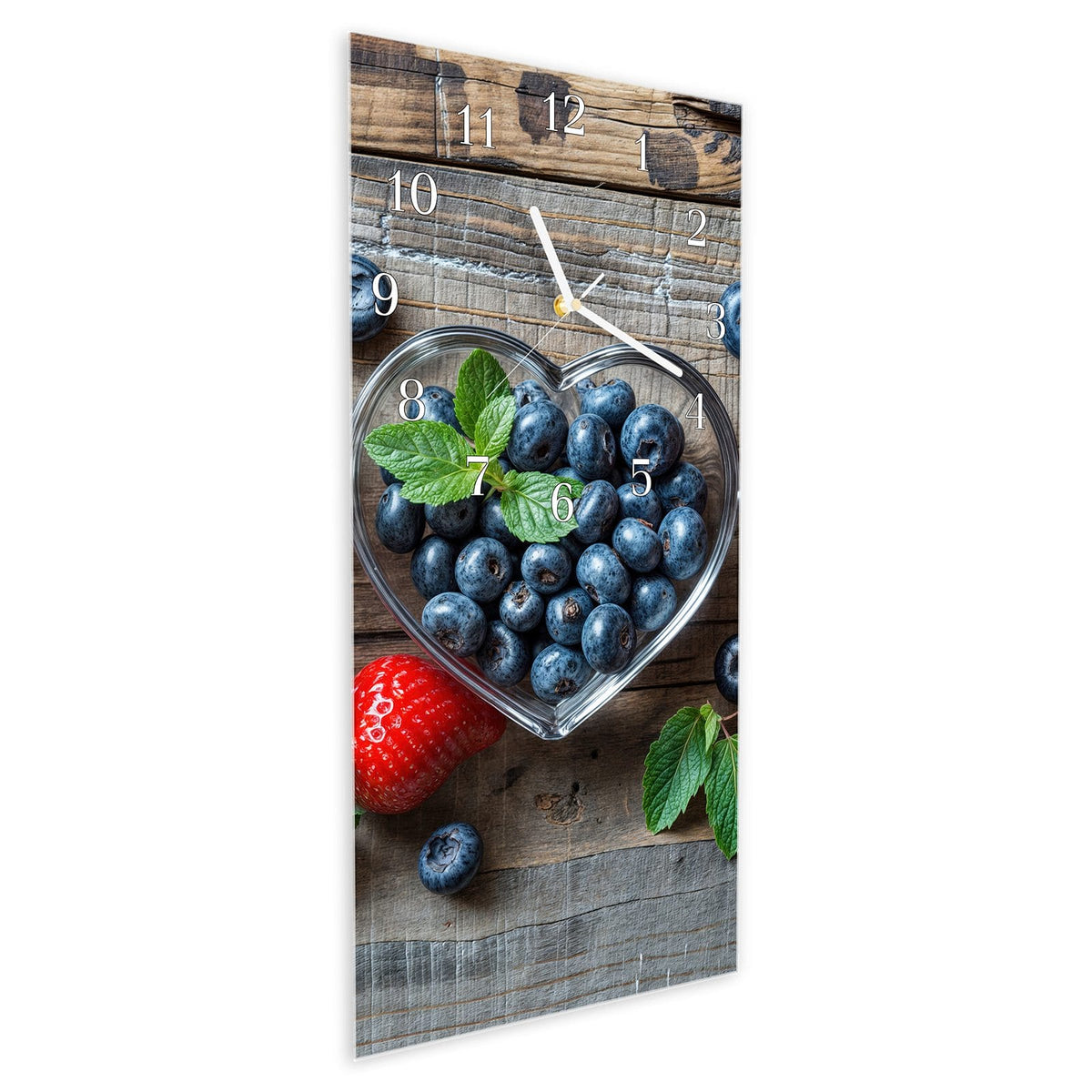 Vormontiert – mit Schwebeeffekt – Wanduhr Herzschalen Beeren aus Glas – Hochformat 30 × 60 cm