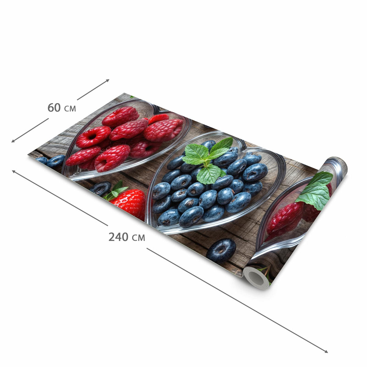 Rutschfester Küchenteppich mit Motiv Herzschalen Beeren in der Grösse 80x300 cm für sicheres Aufbewahren