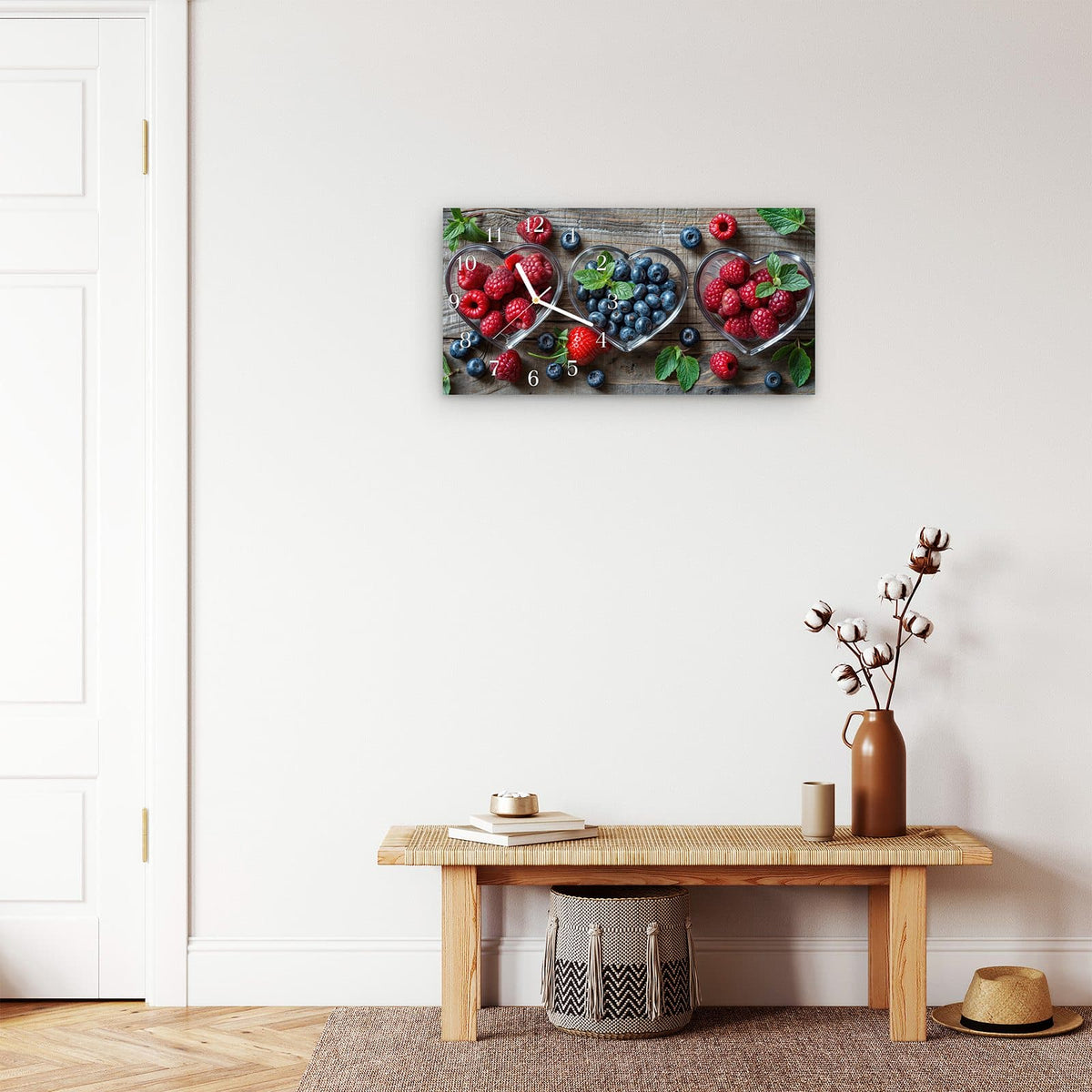 Moderne Wanduhr aus Glas mit Farbtiefe – Wanduhr Herzschalen Beeren aus Glas – Querformat 60 × 30 cm