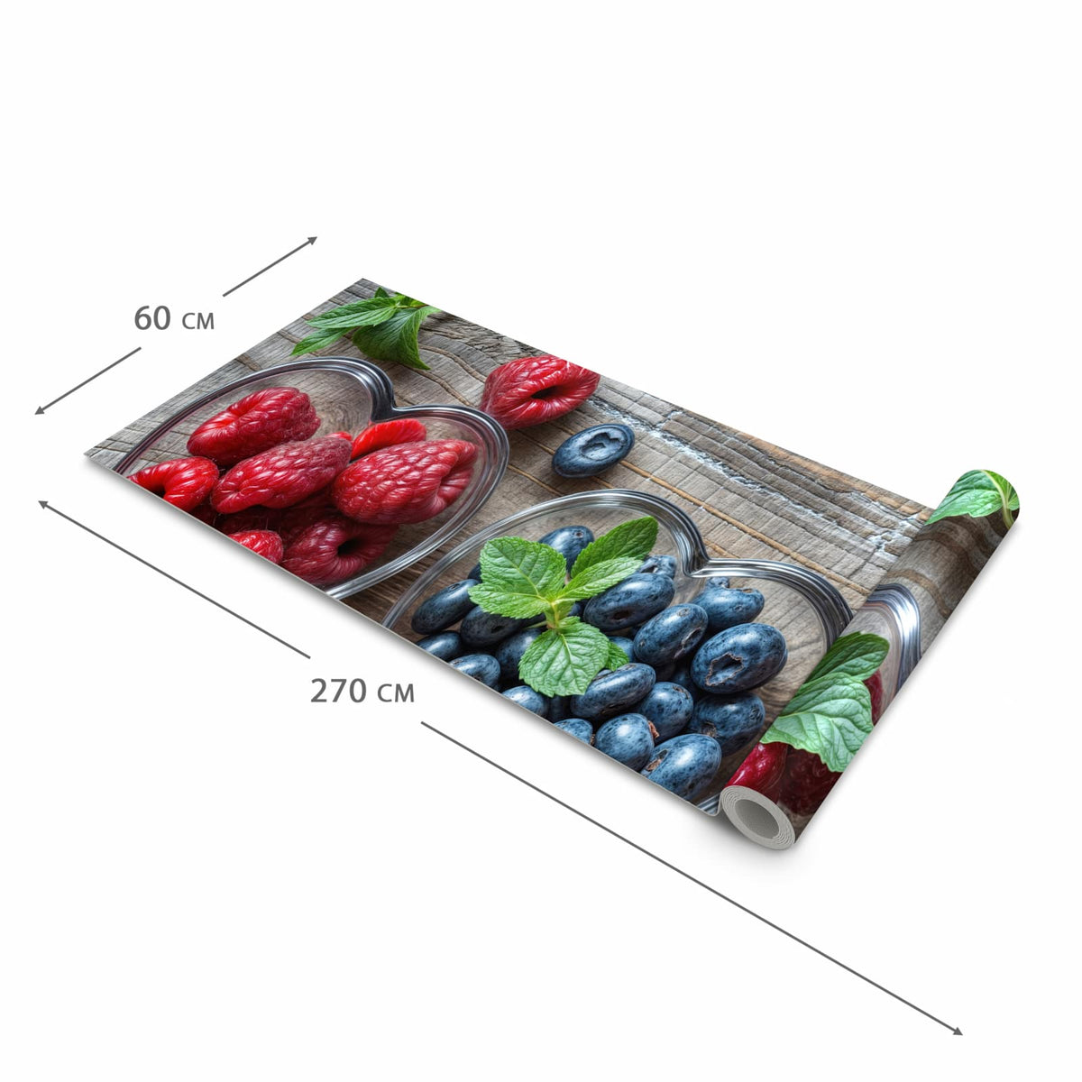 Zeitsparender waschbarer Küchenteppich mit Motiv Herzschalen Beeren in der Grösse 80x300 cm