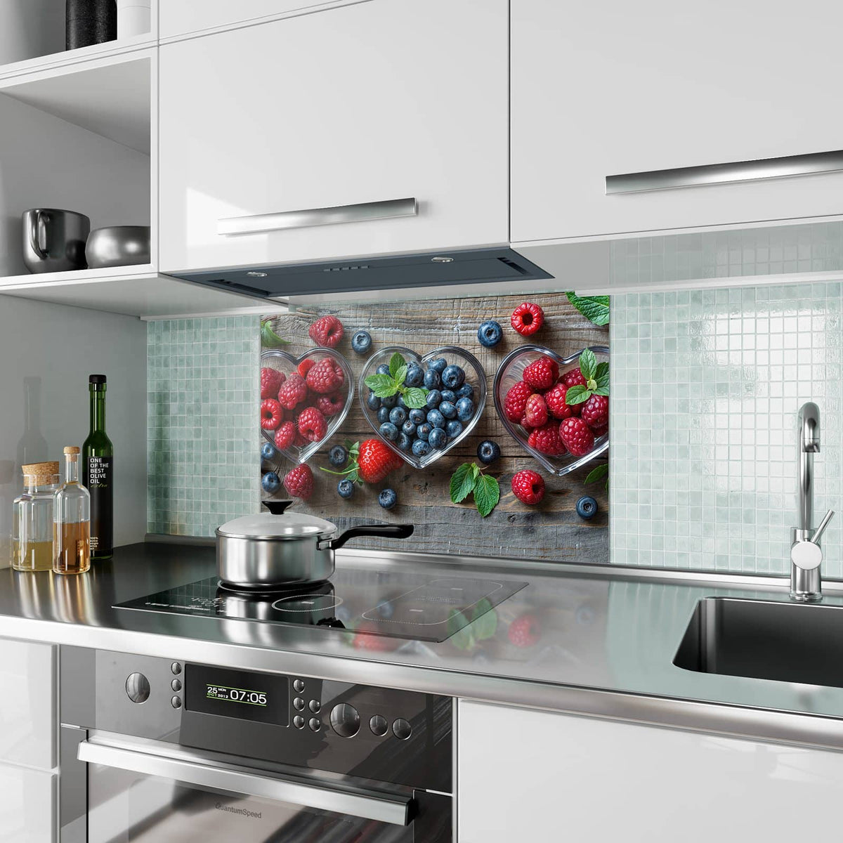 Küchenrückwand aus Glas Beeren in Herzschalen im Hochformat als Spritzschutz hinter dem Kochfeld, über dem Fliesenspiegel montiert