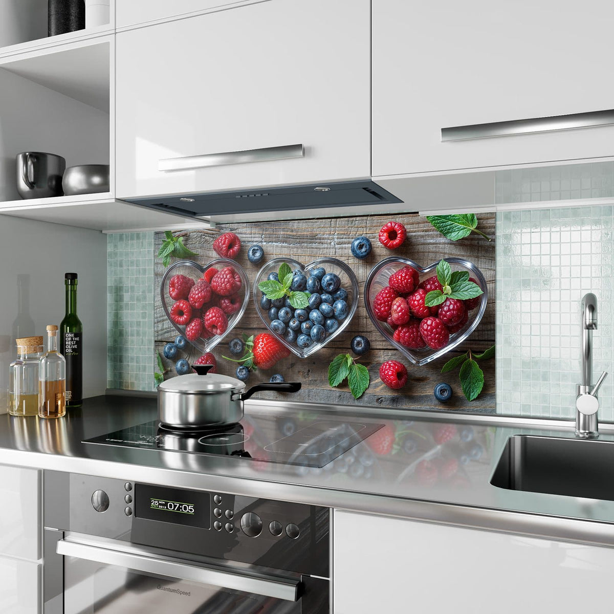 Küchenrückwand aus Glas Beeren in Herzschalen im Hochformat als Spritzschutz hinter dem Kochfeld, über dem Fliesenspiegel montiert