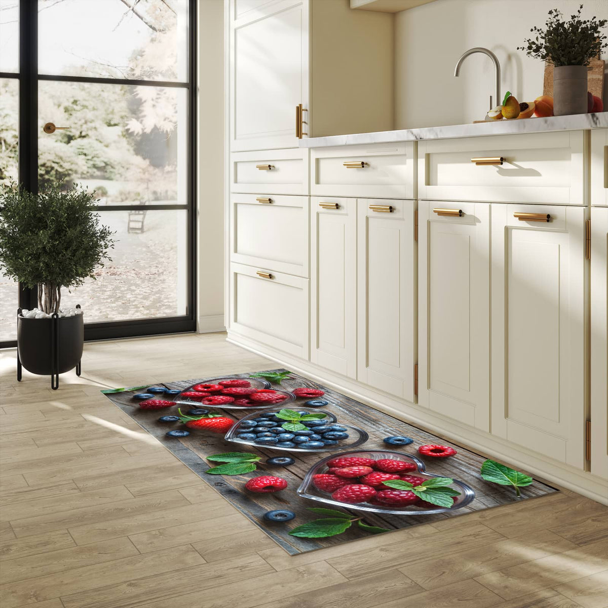 Rutschfester Küchenteppich mit Motiv Herzschalen Beeren in heller Küche