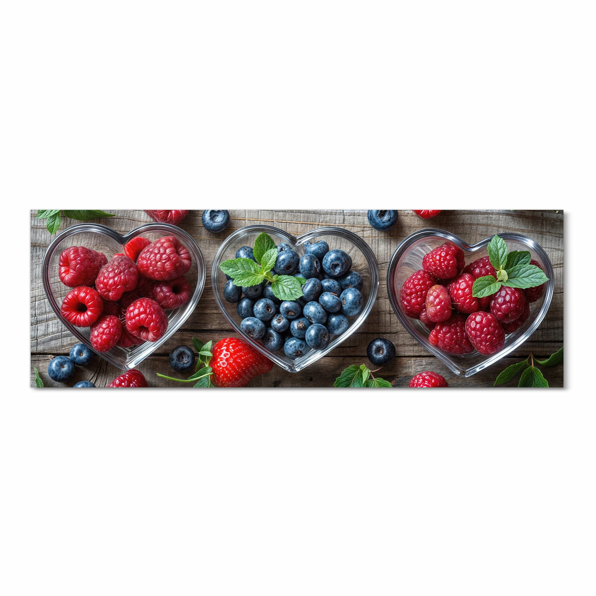 Waschbarer Teppich für Esstisch mit Motiv Herzschalen Beeren in Frontansicht sicher aufbewahrt