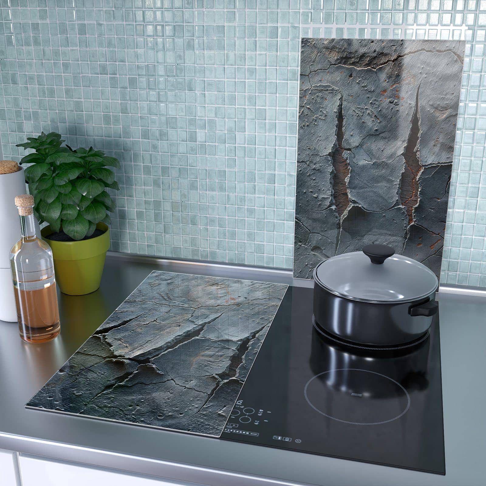 2-teilige Herdabdeckplatten mit Rissige mit Oberfläche-Motiv als Spritzschutz hinter dem Kochfeld