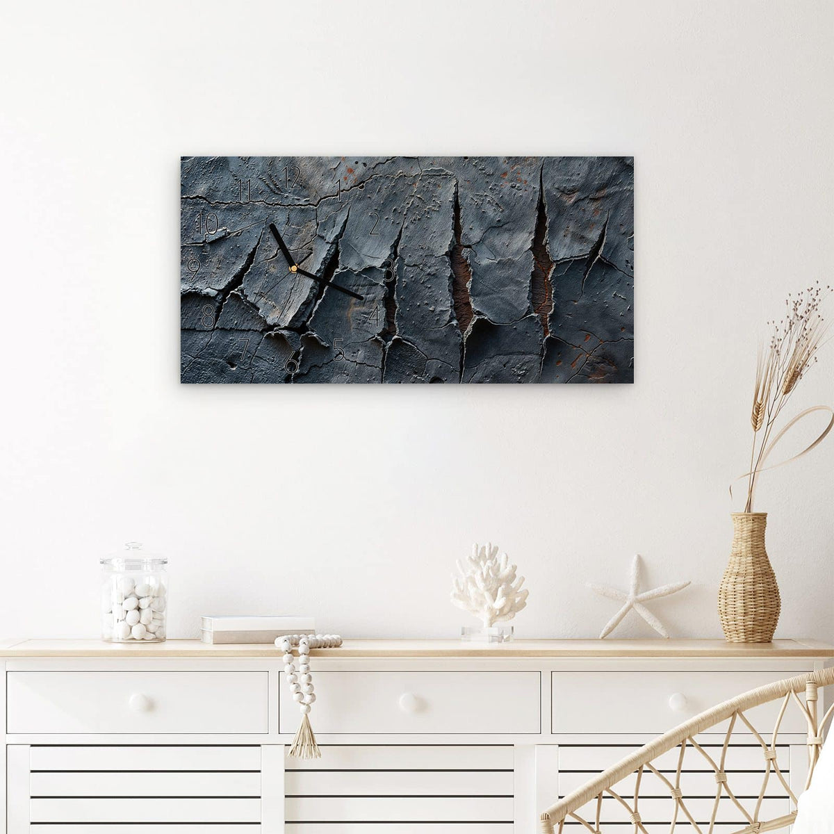 Wanduhr Rissige mit Oberfläche aus Glas – Querformat 60 × 30 cm – Rissige Oberfläche in dunklem Grau
