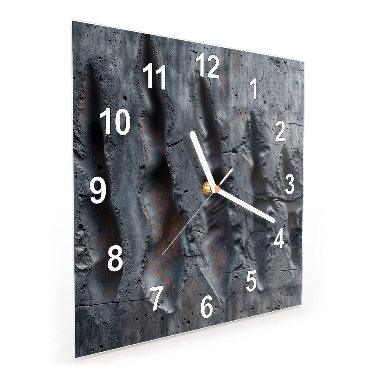 Quadratische Wanduhr aus Glas Rostspuren im Beton schräg von der Seite, 4 mm starkes Glas