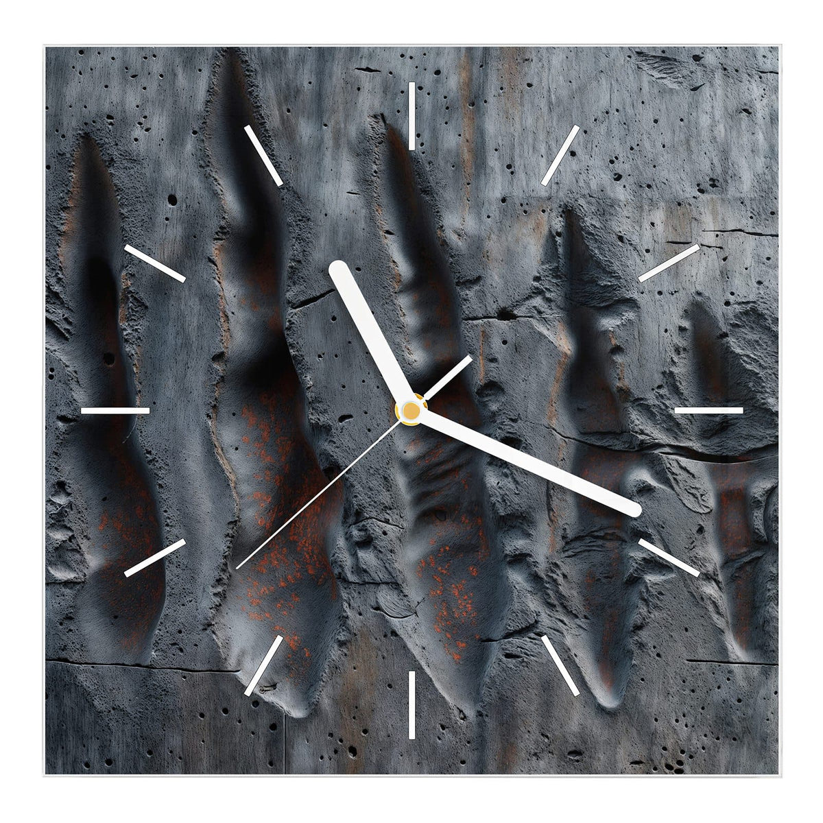 Wanduhr aus Glas, Ziffernblatt Linie mit Motiv Rostspuren im Beton: Graue Betonwand mit fünf aufgerissenen Kerben, darin rostorange Spuren