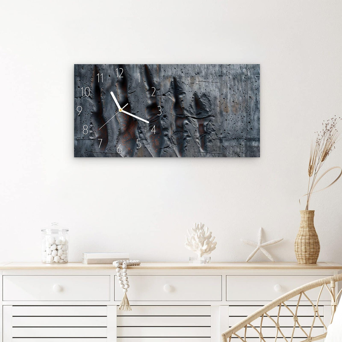 Wanduhr Strukturiertes Muster aus Glas – Querformat 60 × 30 cm – Geätzte Linien in Grau und Rost