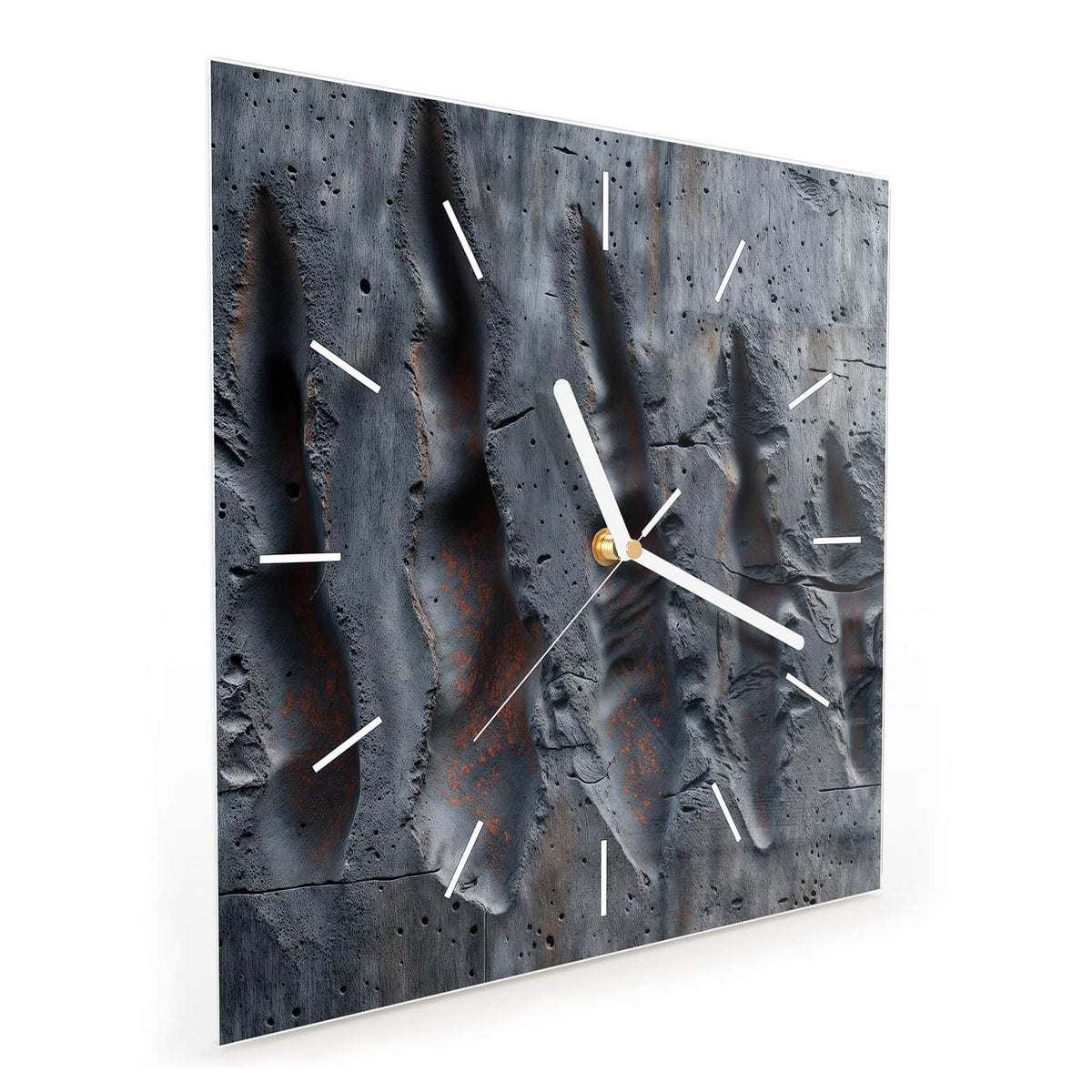 Quadratische Wanduhr aus Glas Rostspuren im Beton schräg von der Seite, 4 mm starkes Glas