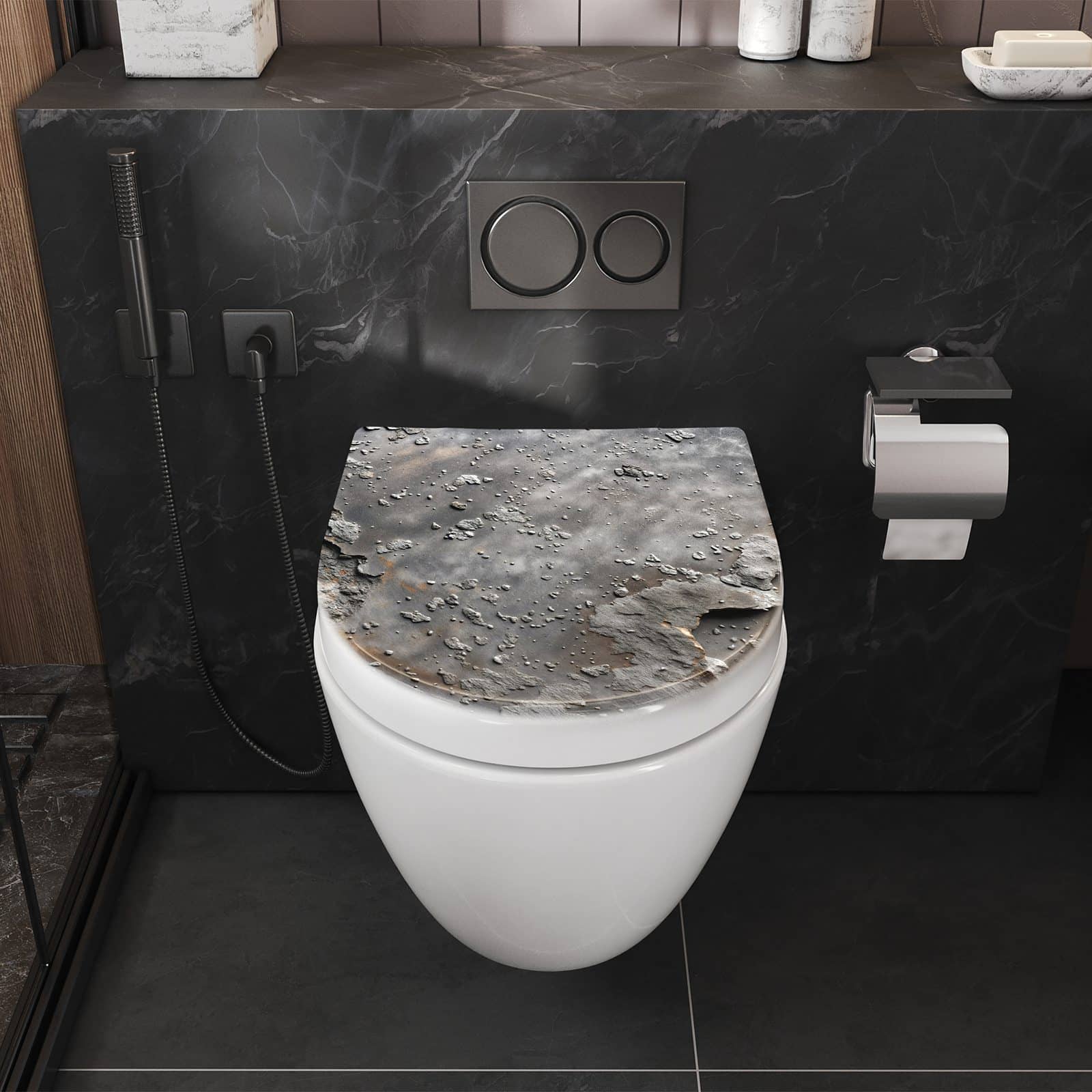 Zeitsparende Toilettenbrille mit Absenkautomatik und Motiv Verwitterte & Oberfläche in Badezimmer