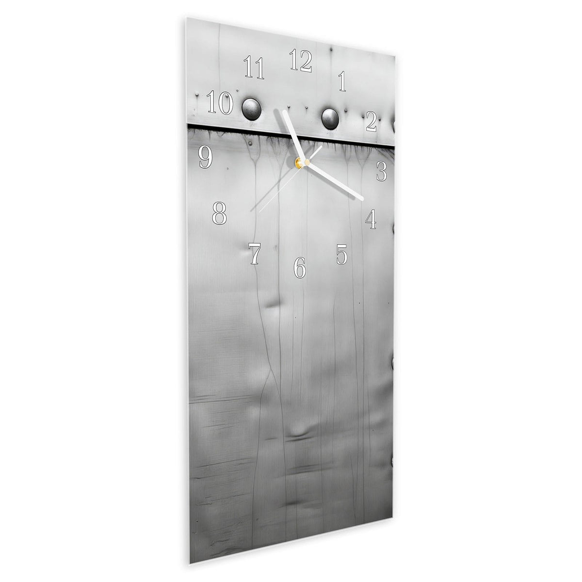 Vormontiert – mit Schwebeeffekt – Wanduhr Metallplattenoptik aus Glas – Hochformat 30 × 60 cm