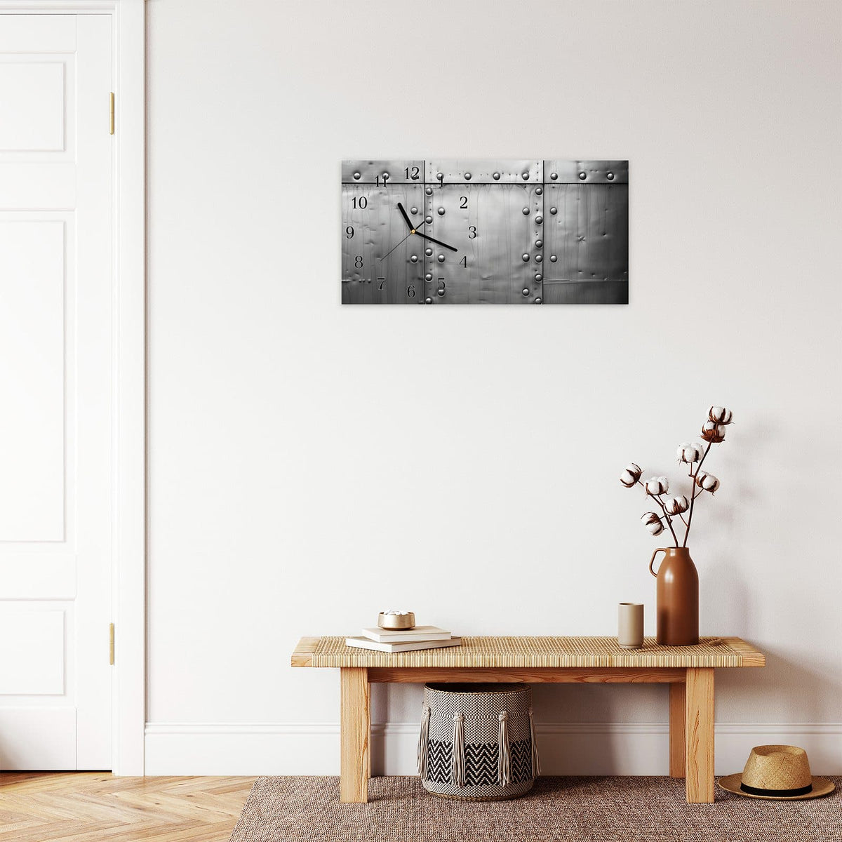 Moderne Wanduhr aus Glas mit Farbtiefe – Wanduhr Metallplattenoptik aus Glas – Querformat 60 × 30 cm