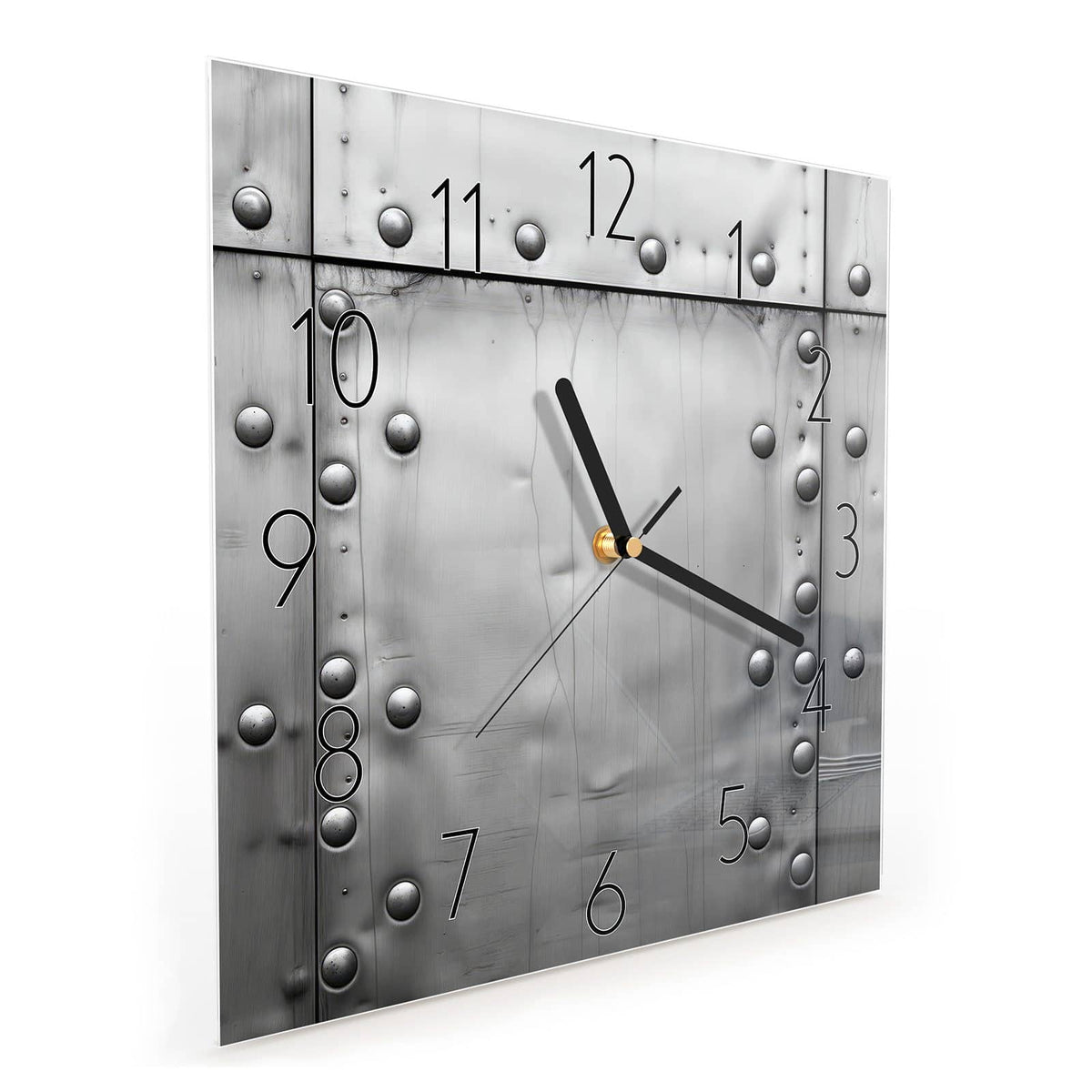 Quadratische Wanduhr aus Glas Stahlplatten mit Nieten schräg von der Seite, 4 mm starkes Glas
