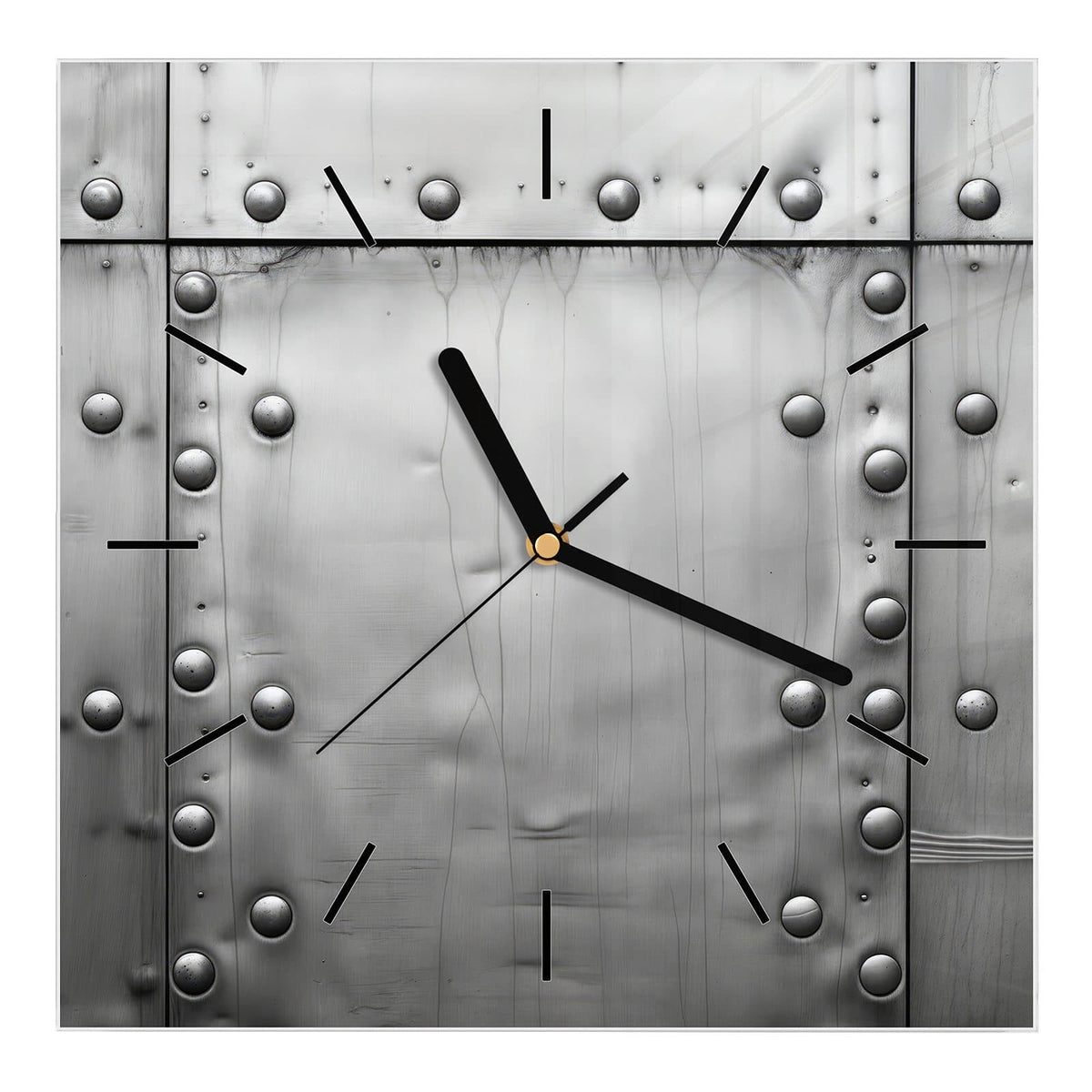Wanduhr aus Glas, Ziffernblatt Linie mit Motiv Stahlplatten mit Nieten: Silbrig glänzende, glatte Metallplatten mit Reihen halbrunder Nieten und Laufspuren