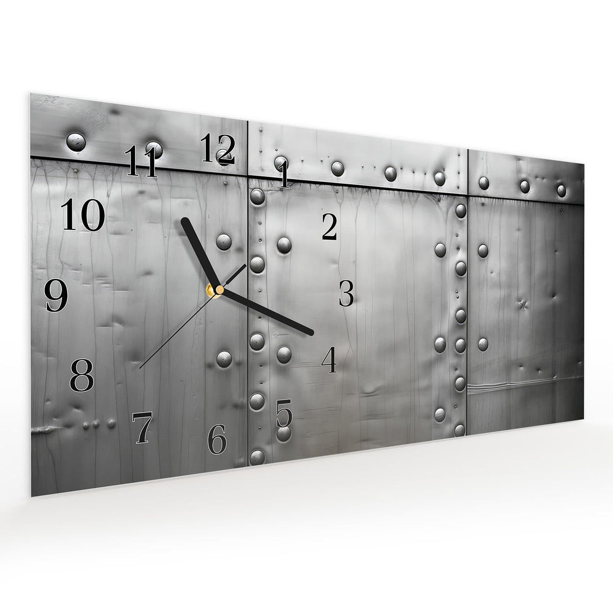 Vormontiert – mit Schwebeeffekt – Wanduhr Metallplattenoptik aus Glas – Querformat 60 × 30 cm
