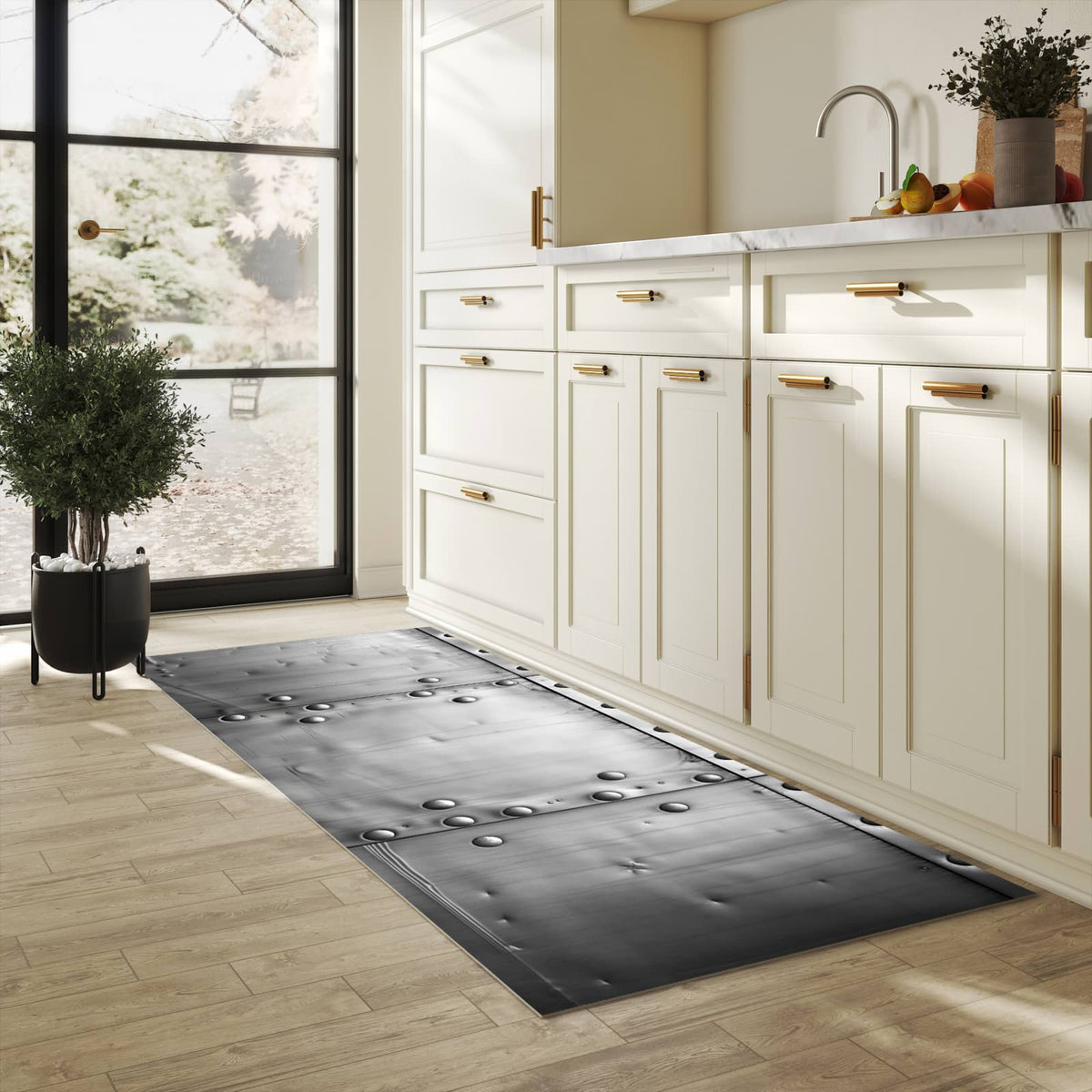 Hygienischer Bodenläufer Teppich mit Motiv Metallplattenoptik in heller Küche
