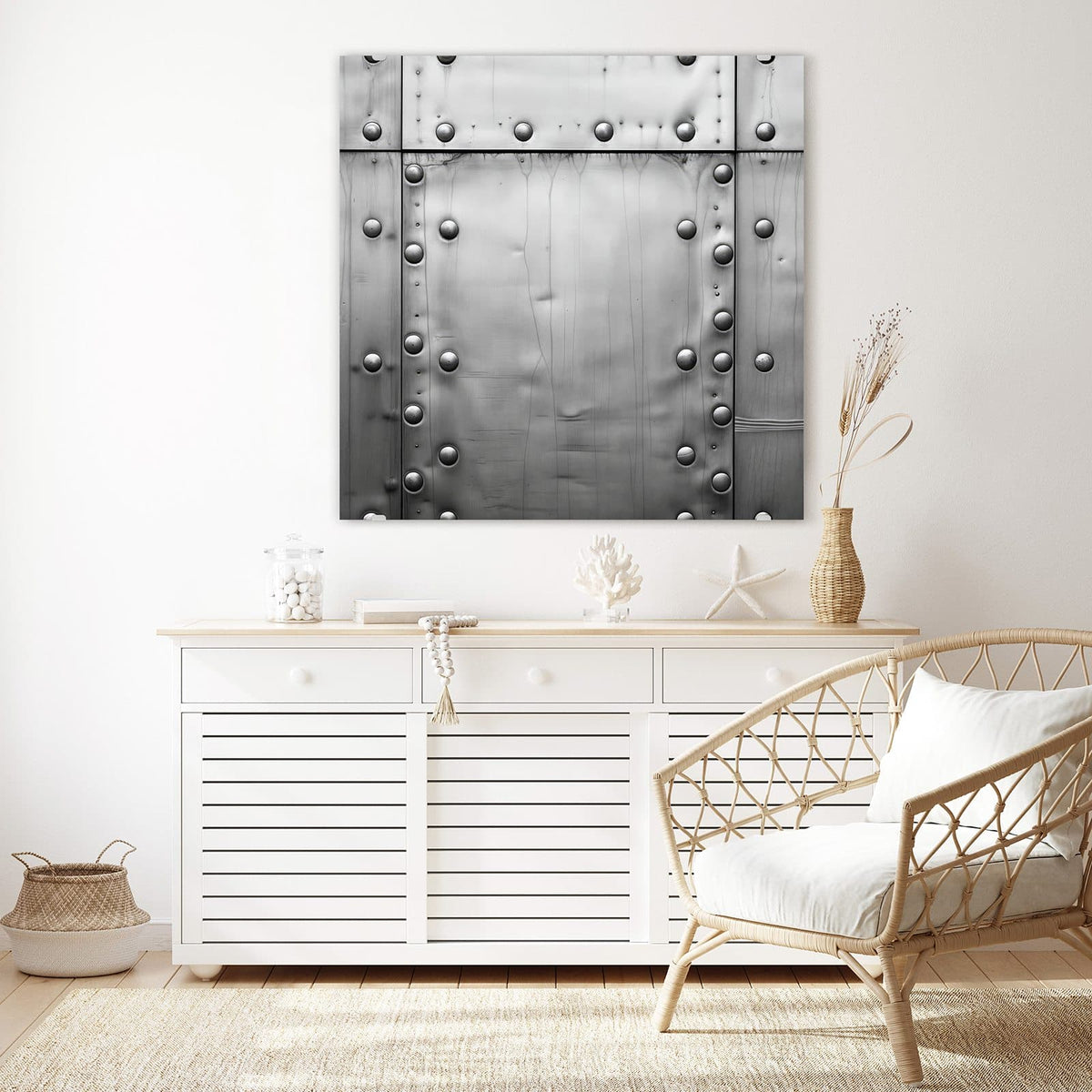 Glasbild Stahlplatten mit Nieten an der Wand – Silbrig glänzende, glatte Metallplatten mit Reihen halbrunder Nieten und Laufspuren