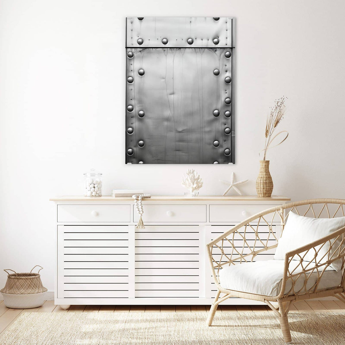 Aufhängung liegt bei – Motiv später wechselbar – Wandbild - Stahlplatten mit Nieten - Hochformat