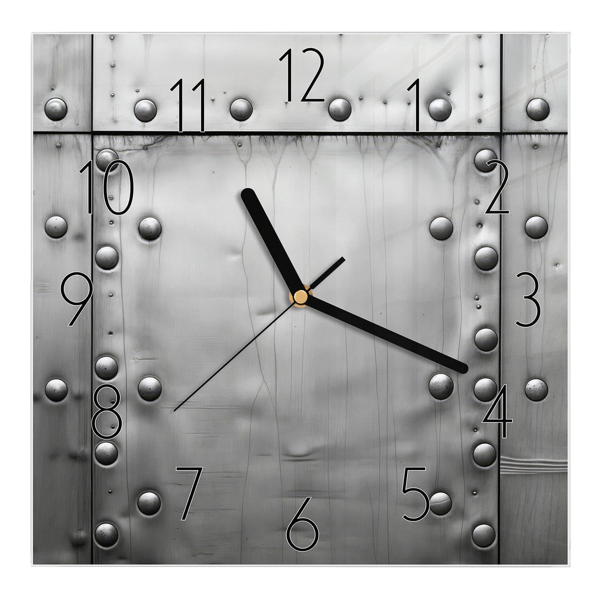 Wanduhr aus Glas, Ziffernblatt Elegant mit Motiv Stahlplatten mit Nieten: Silbrig glänzende, glatte Metallplatten mit Reihen halbrunder Nieten und Laufspuren