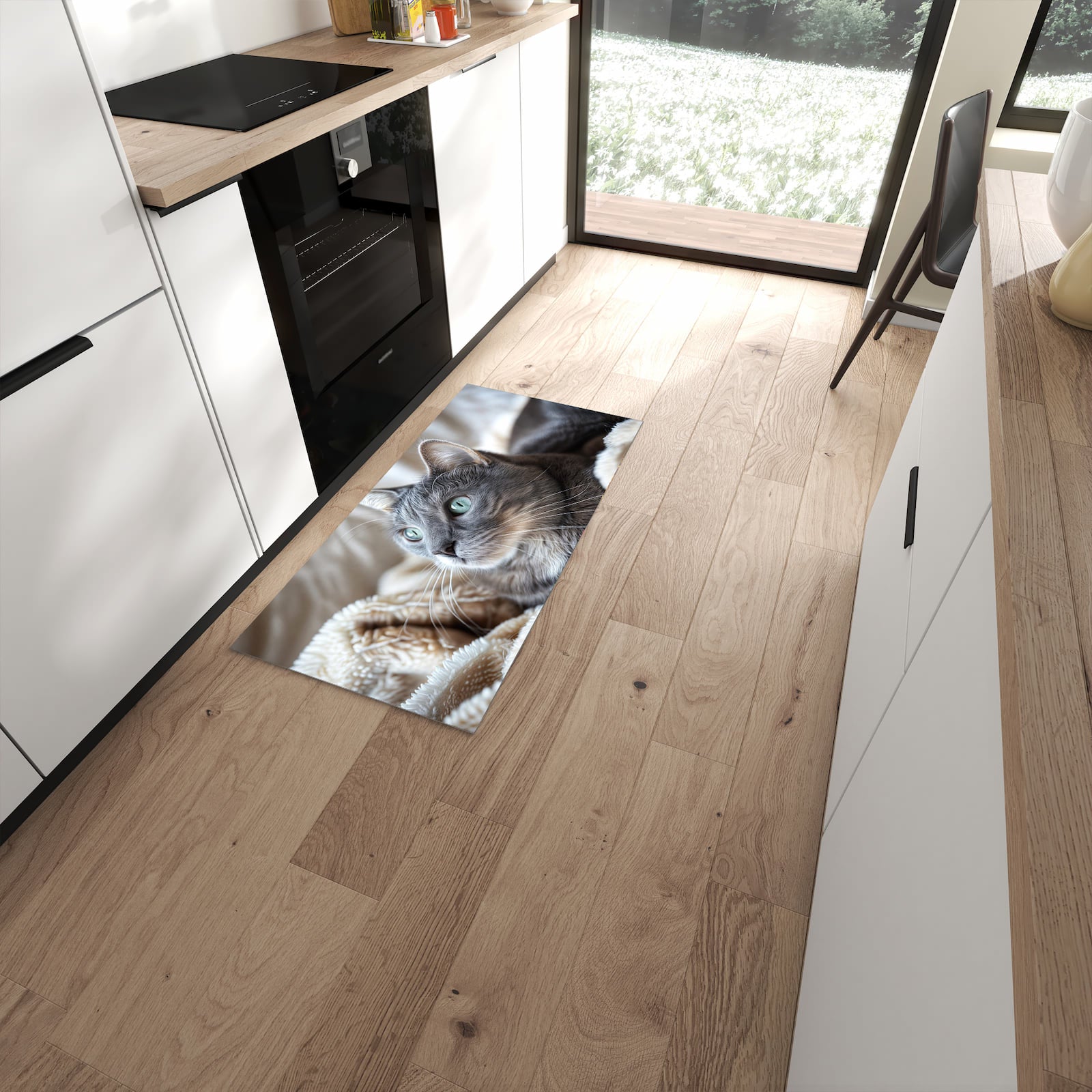 Geruchsneutraler Bodenläufer Teppich mit Motiv Kuschelige Katze in moderner Küche #grösse_60 x 120 cm