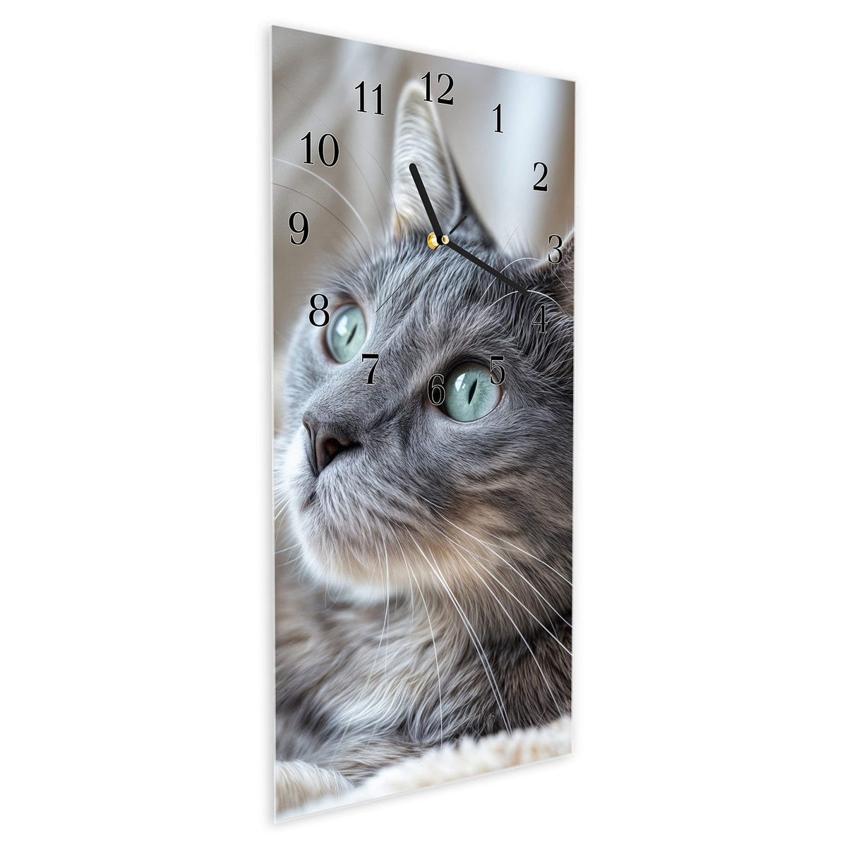 Vormontiert – mit Schwebeeffekt – Wanduhr Kuschelige Katze aus Glas – Hochformat 30 × 60 cm