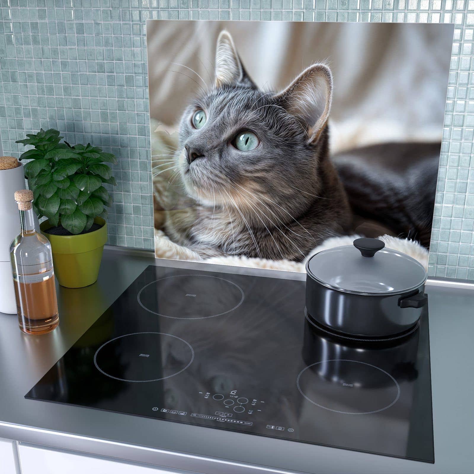 1-teilige Ceranfeld Abdeckplatten mit Kuschelige Katze-Motiv als Spritzschutz hinter dem Kochfeld