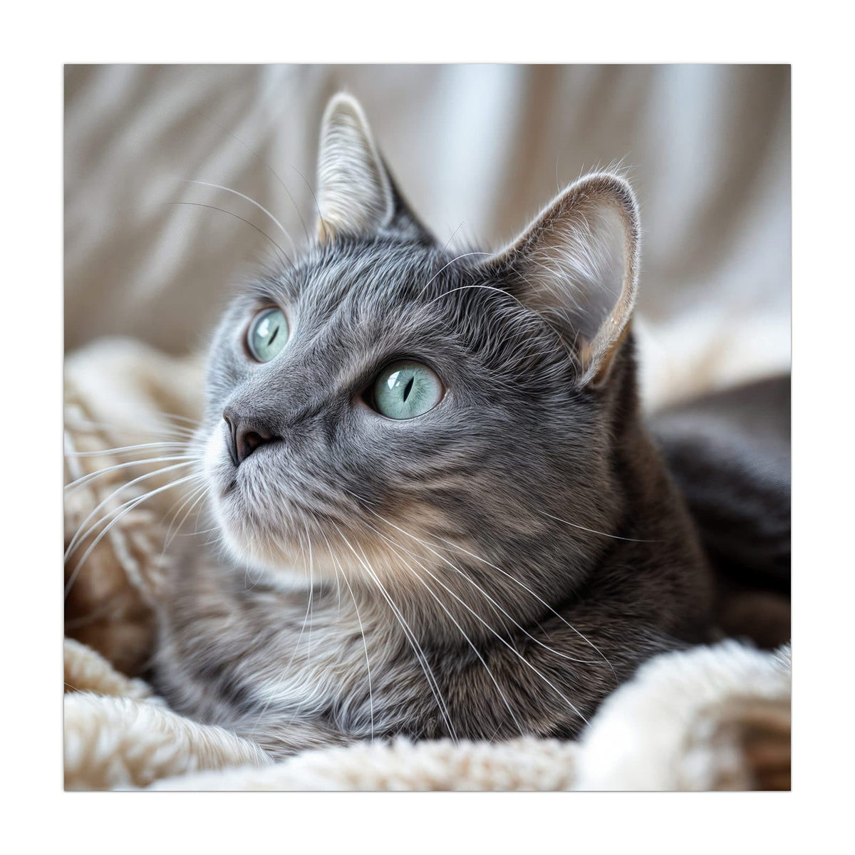 Küchenrückwand aus Glas Graue Katze auf Decke im quadratischen Format, Motiv bildfüllend von vorn