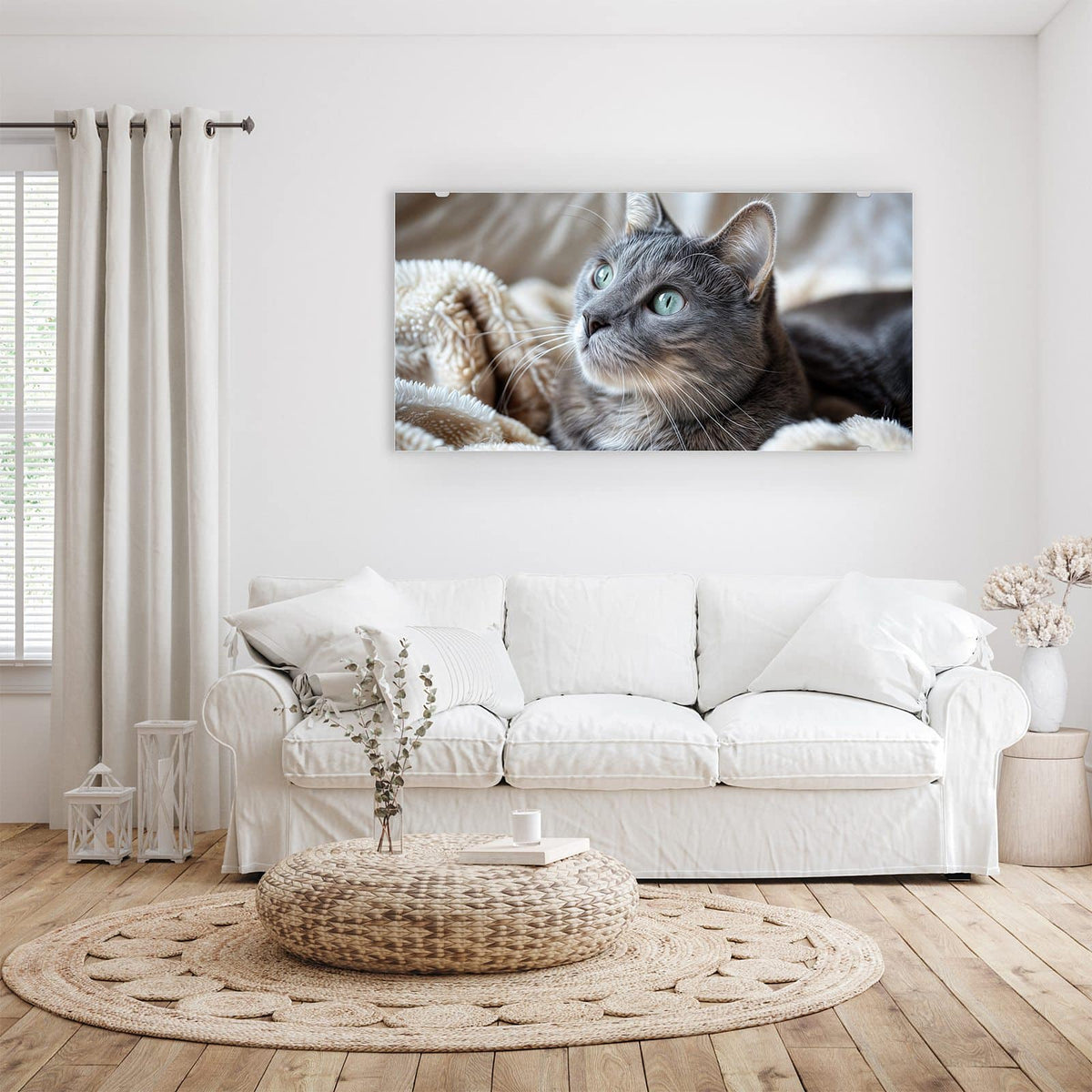 Wandbild - Graue Katze auf Decke - Querformat – Graue Katze auf flauschiger Decke