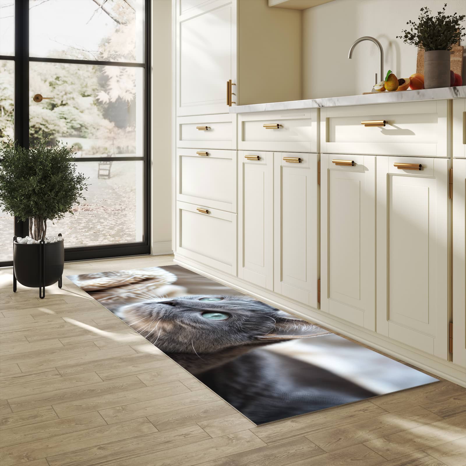 Küchenvorleger mit Motiv Kuschelige Katze in heller Küche für sichere Aufbewahrung