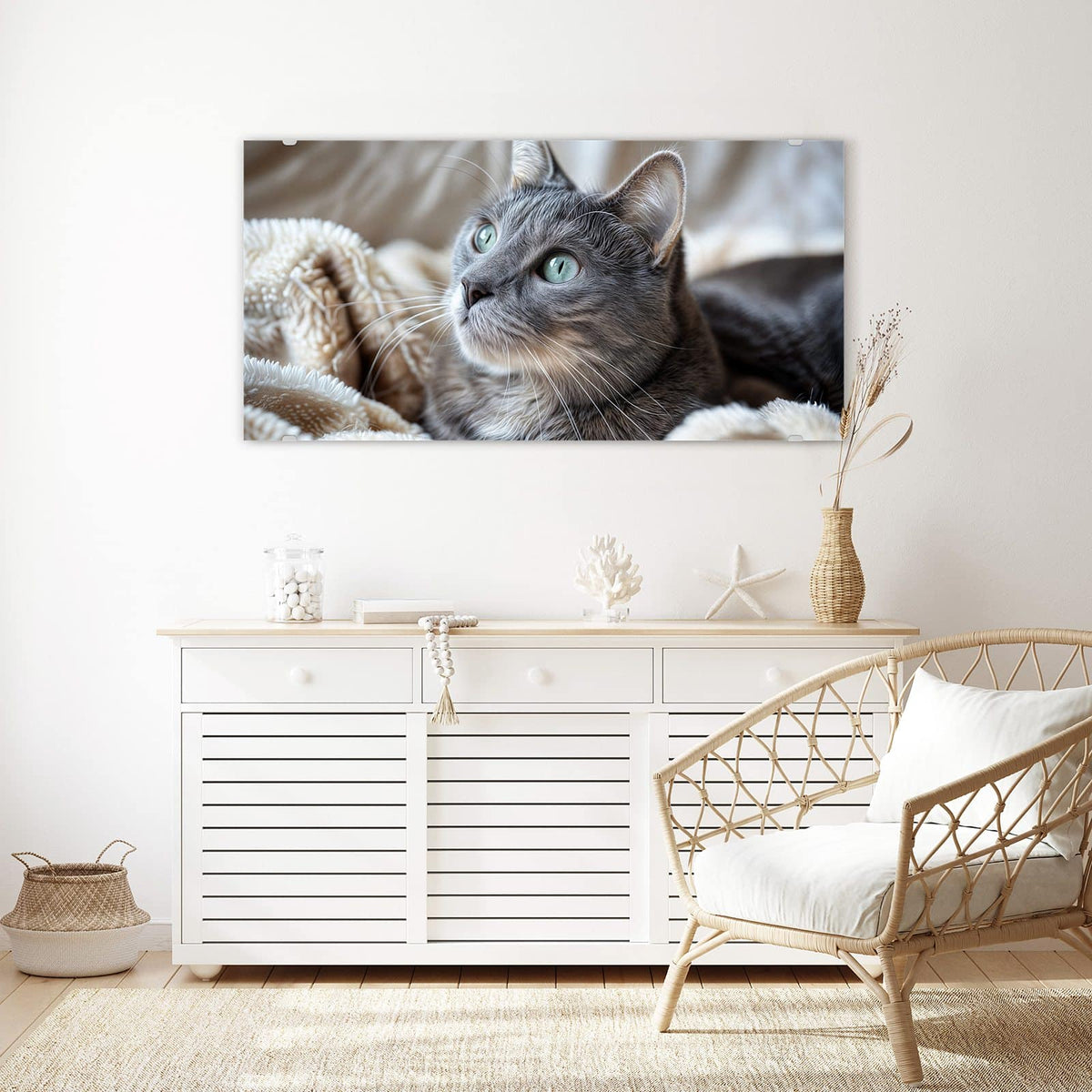 Echtglas, 4 mm – kein Acryl, keine Folie – Wandbild - Graue Katze auf Decke - Querformat