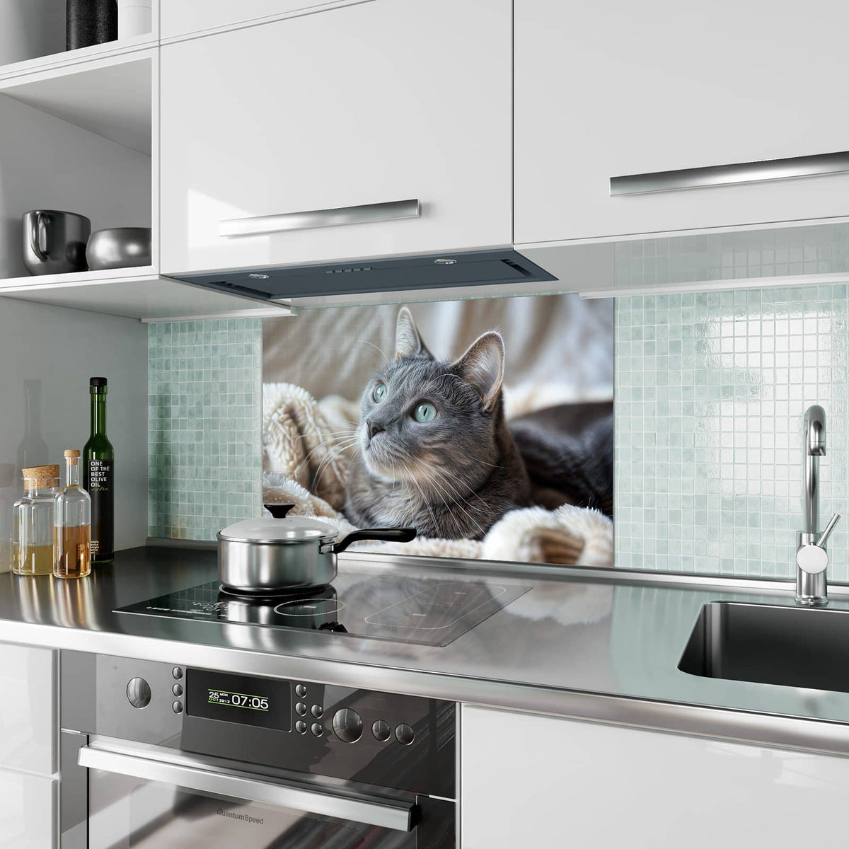 Küchenrückwand aus Glas Graue Katze auf Decke im Hochformat als Spritzschutz hinter dem Kochfeld, über dem Fliesenspiegel montiert