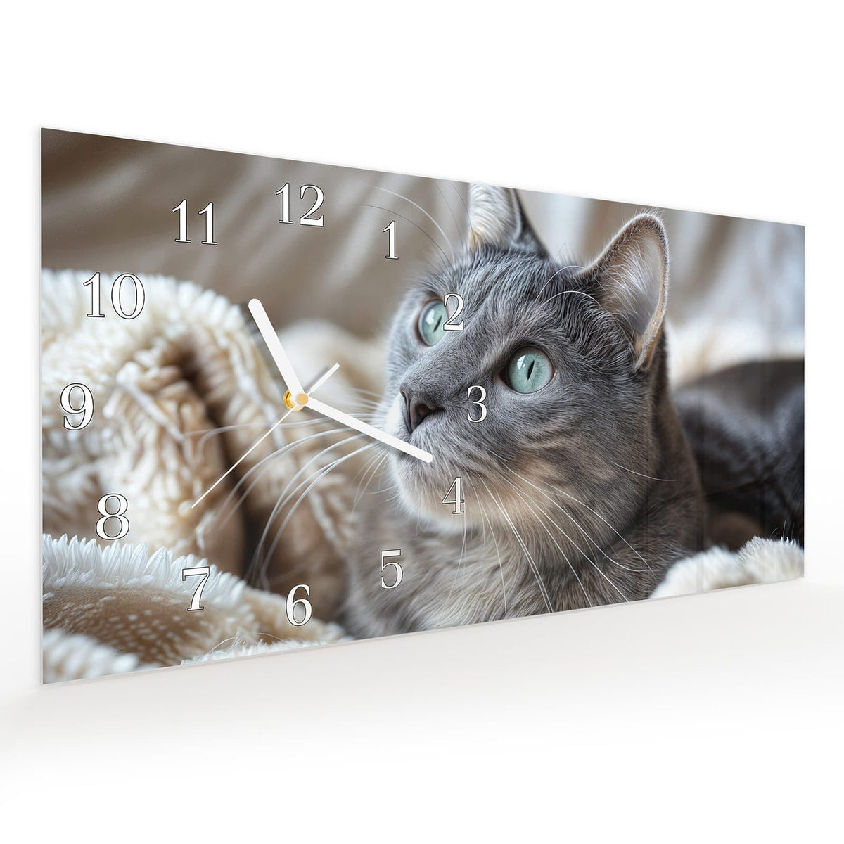 Vormontiert – mit Schwebeeffekt – Wanduhr Kuschelige Katze aus Glas – Querformat 60 × 30 cm