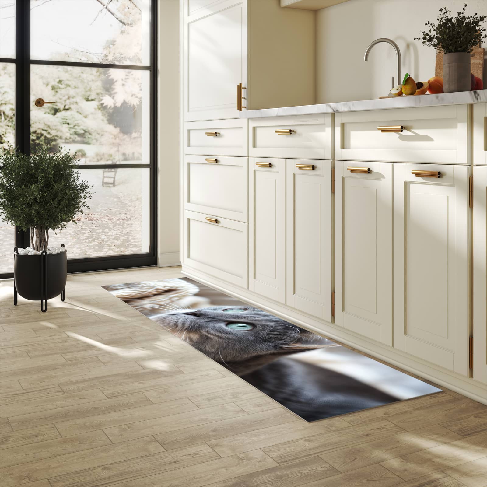 Bodenschonender Küchenteppich mit Motiv Kuschelige Katze in heller Küche