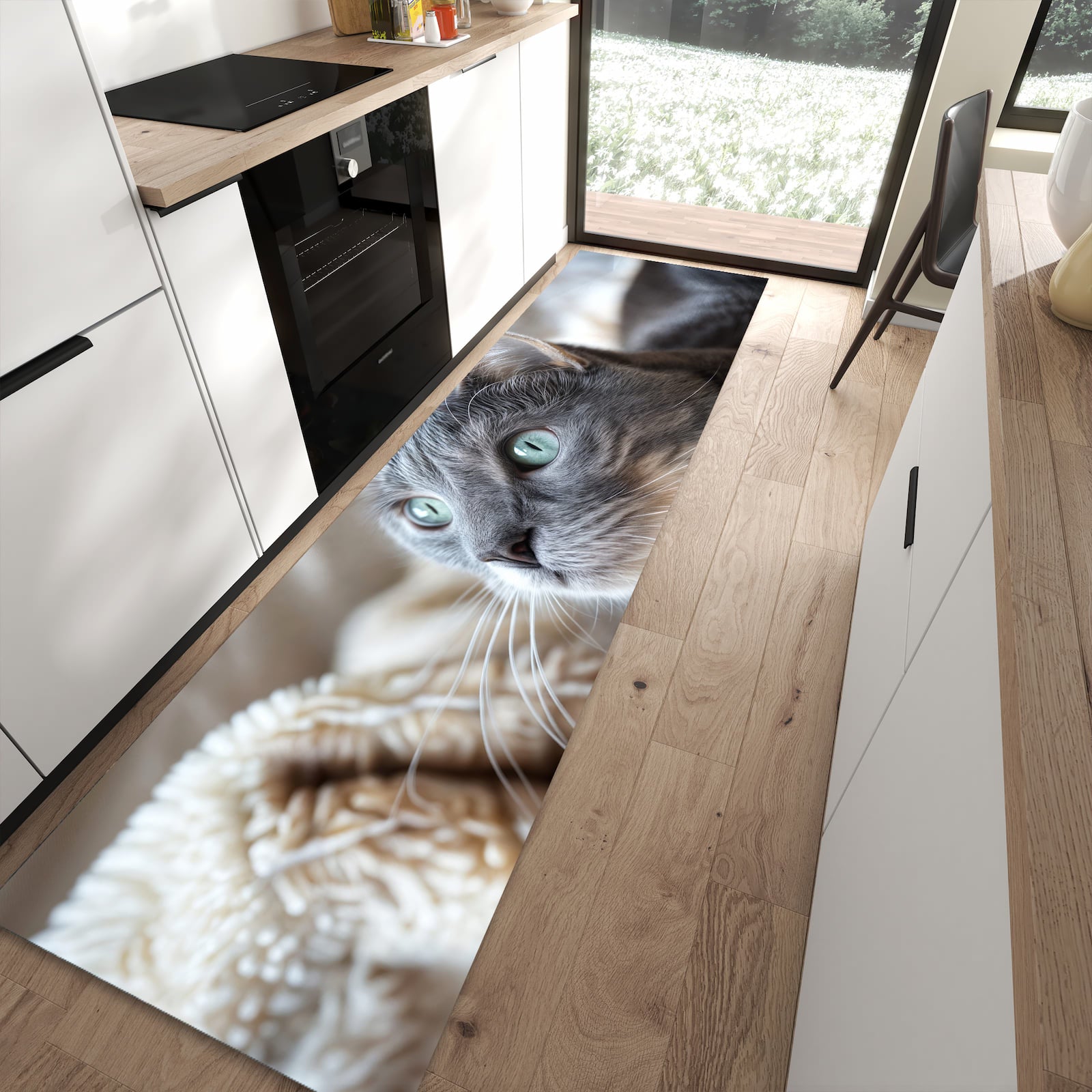Waschbarer Küchenteppich mit Motiv Kuschelige Katze in moderner Küche