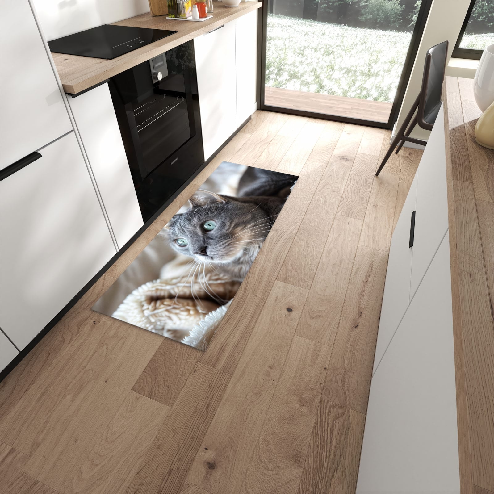 Langlebiger Küchenteppich mit Motiv Kuschelige Katze in moderner Küche #grösse_60 x 150 cm